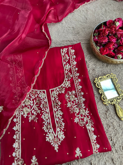 Crimson Red  Farrukhabadi Dabka & Zari Handwork Unstitched Suit