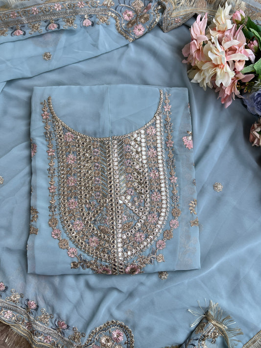 Powder Blue Georgette Embroidered Pakistani Suit – Elegant Festive Style