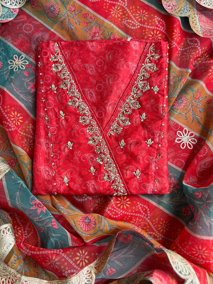 Royal Red Maheshwari Silk Angrakha Suit with Bandhani Dupatta – A Festive Masterpiece