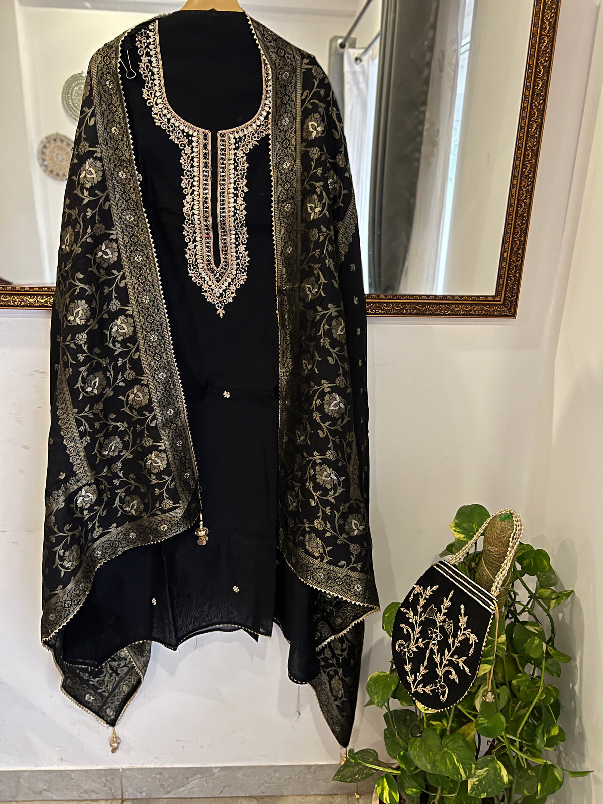 Black Chanderi Suit Set Potli Edition