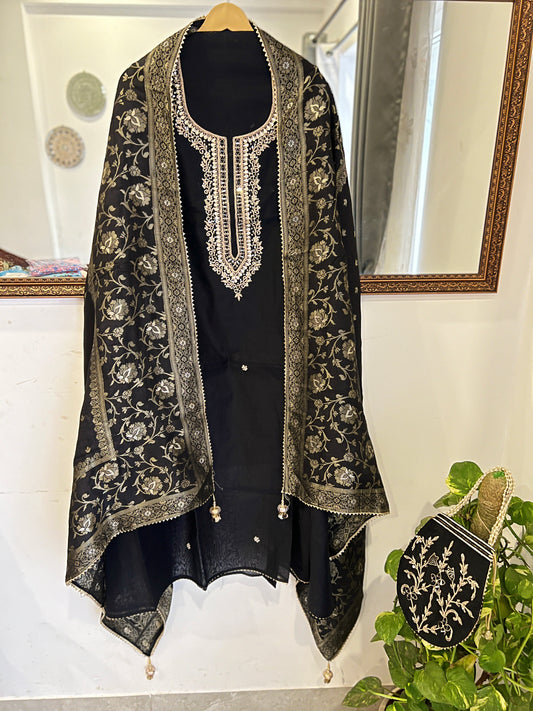 Black Chanderi Suit Set Potli Edition