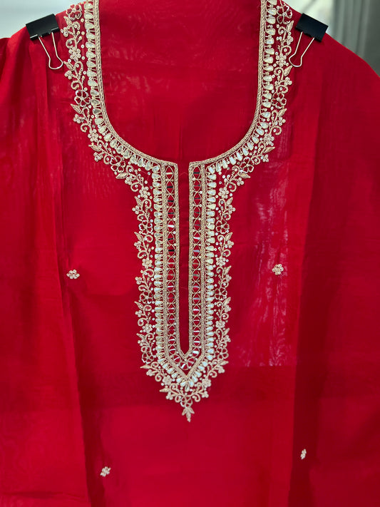 Red Chanderi Suit Set Potli Edition