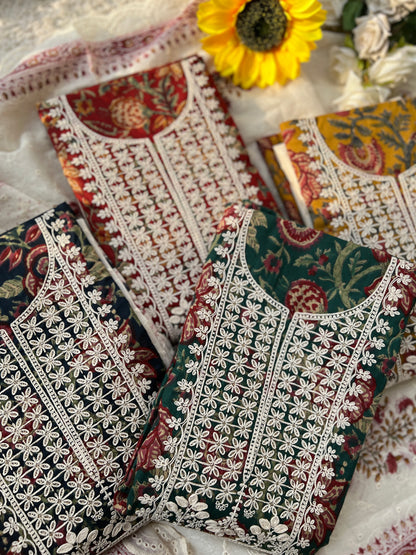 Stunning  Embroidered Handblock Cotton Suit Set