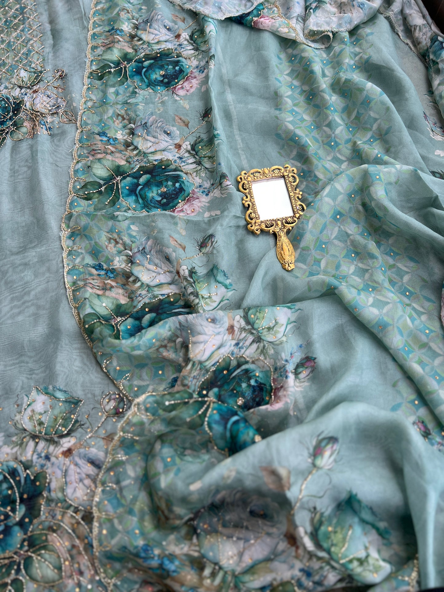 Artistic Glacé Organza Suit with Beaded Embroidery & Cutwork Border