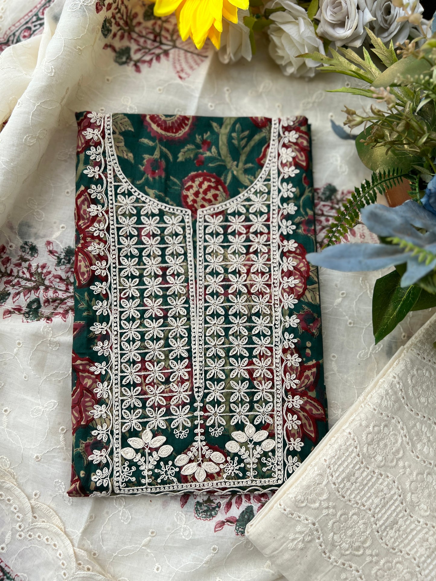 Stunning  Embroidered Handblock Cotton Suit Set