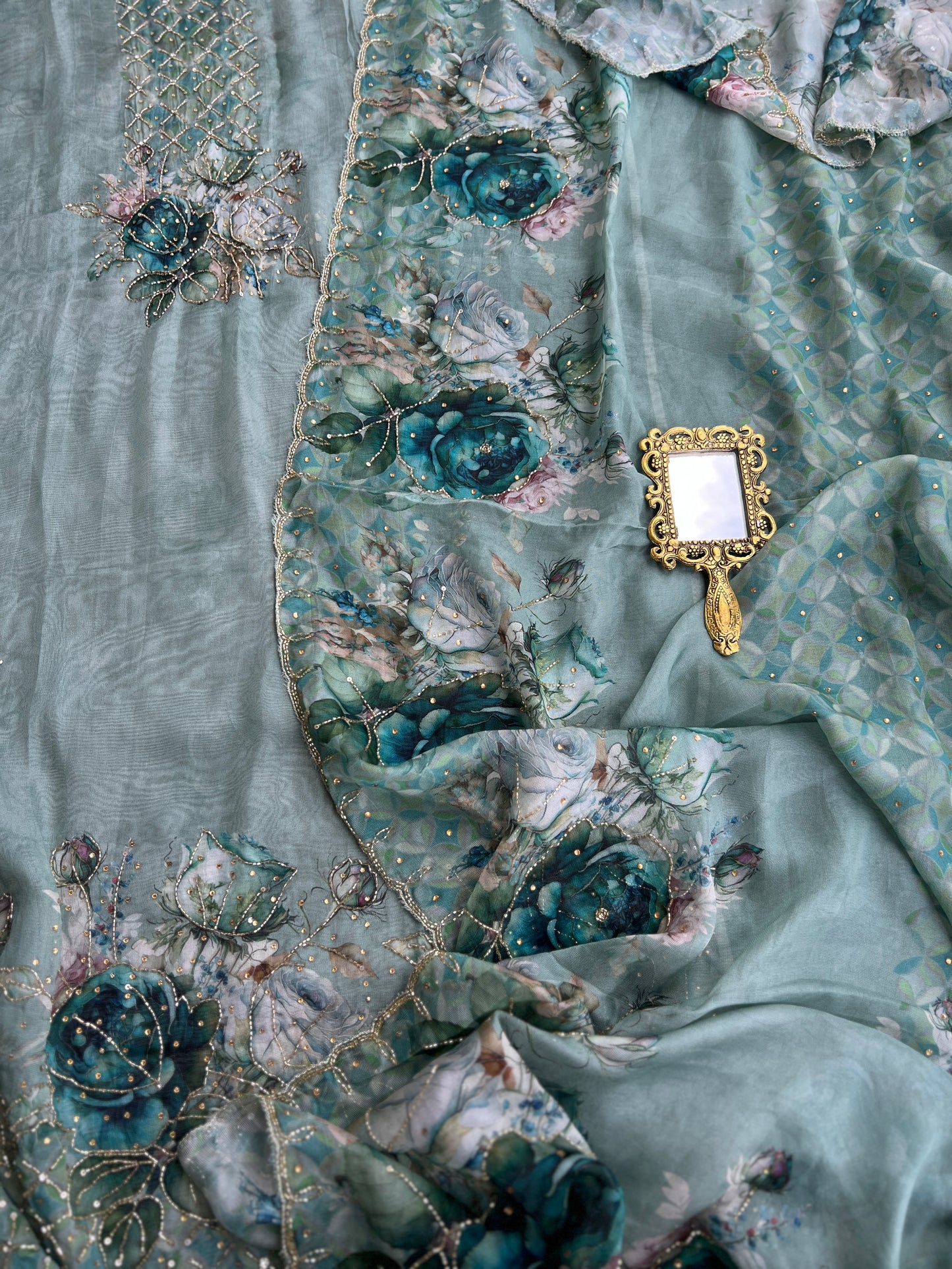 Artistic Glacé Organza Suit with Beaded Embroidery & Cutwork Border