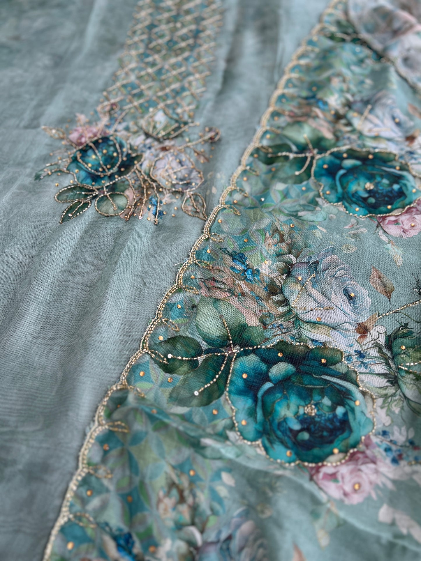 Artistic Glacé Organza Suit with Beaded Embroidery & Cutwork Border