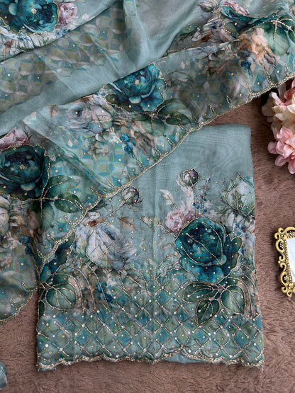 Artistic Glacé Organza Suit with Beaded Embroidery & Cutwork Border