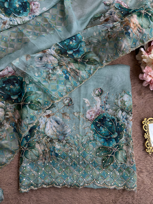 Artistic Glacé Organza Suit with Beaded Embroidery & Cutwork Border