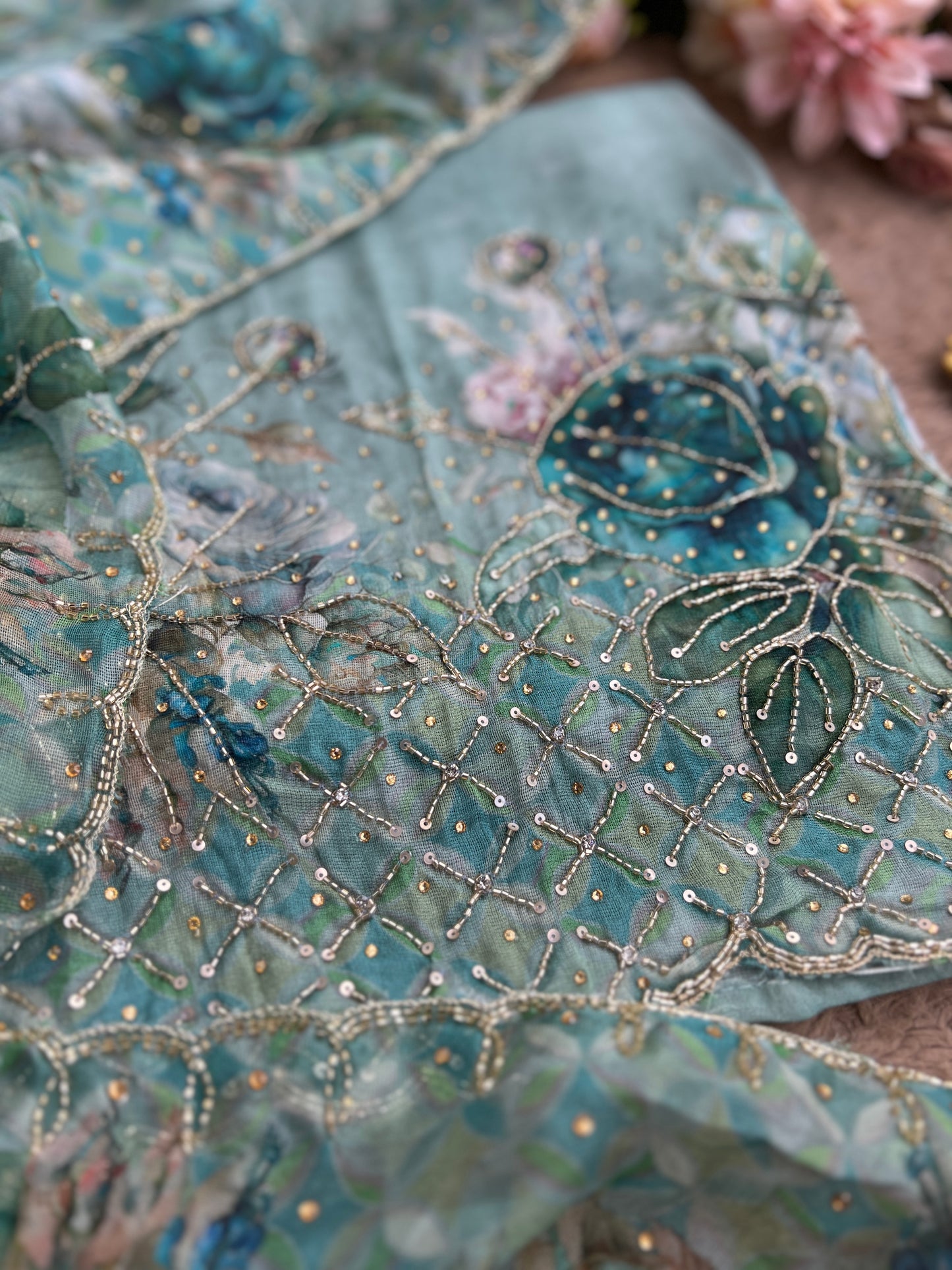 Artistic Glacé Organza Suit with Beaded Embroidery & Cutwork Border