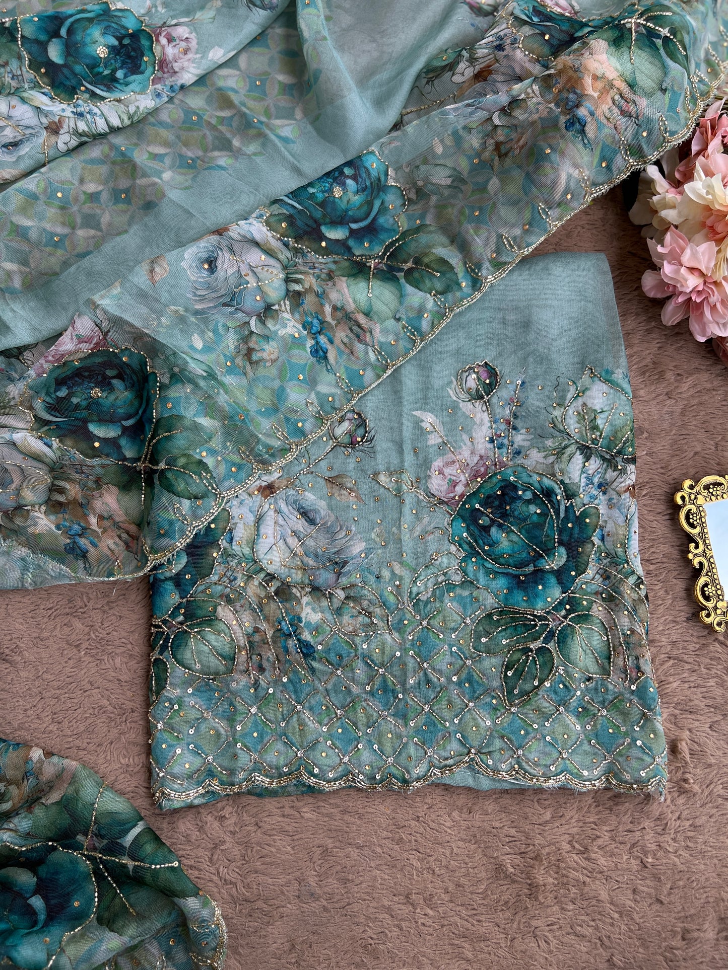 Artistic Glacé Organza Suit with Beaded Embroidery & Cutwork Border