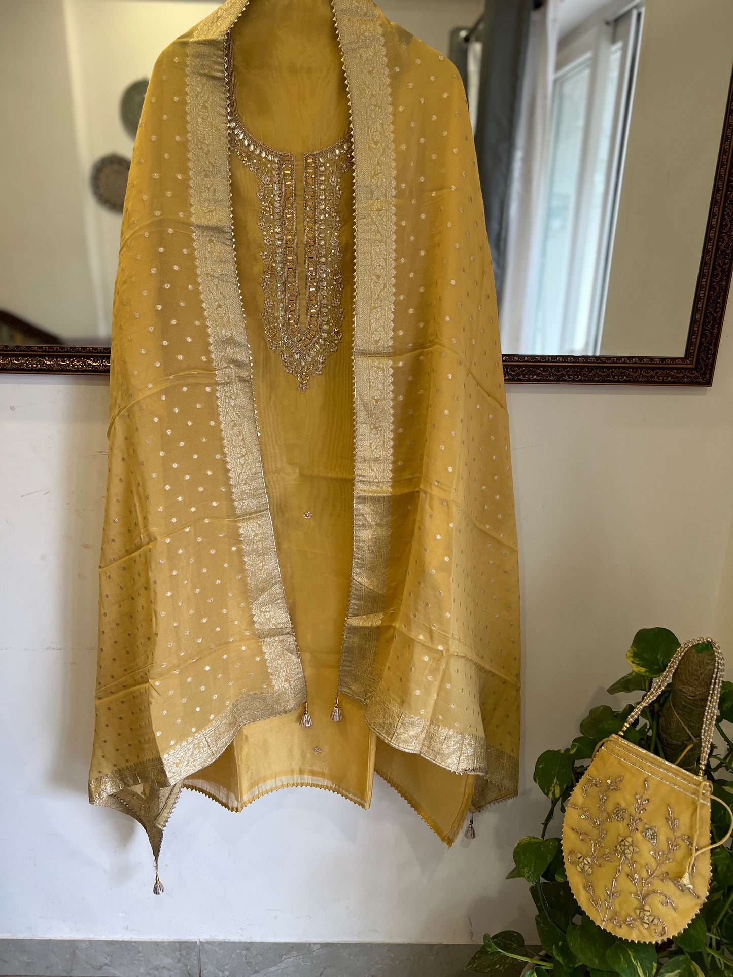 Butter Yellow  Chanderi Suit Set Potli Edition