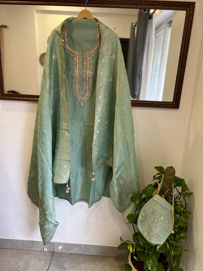 Sage Green Chanderi Suit Set Potli Edition