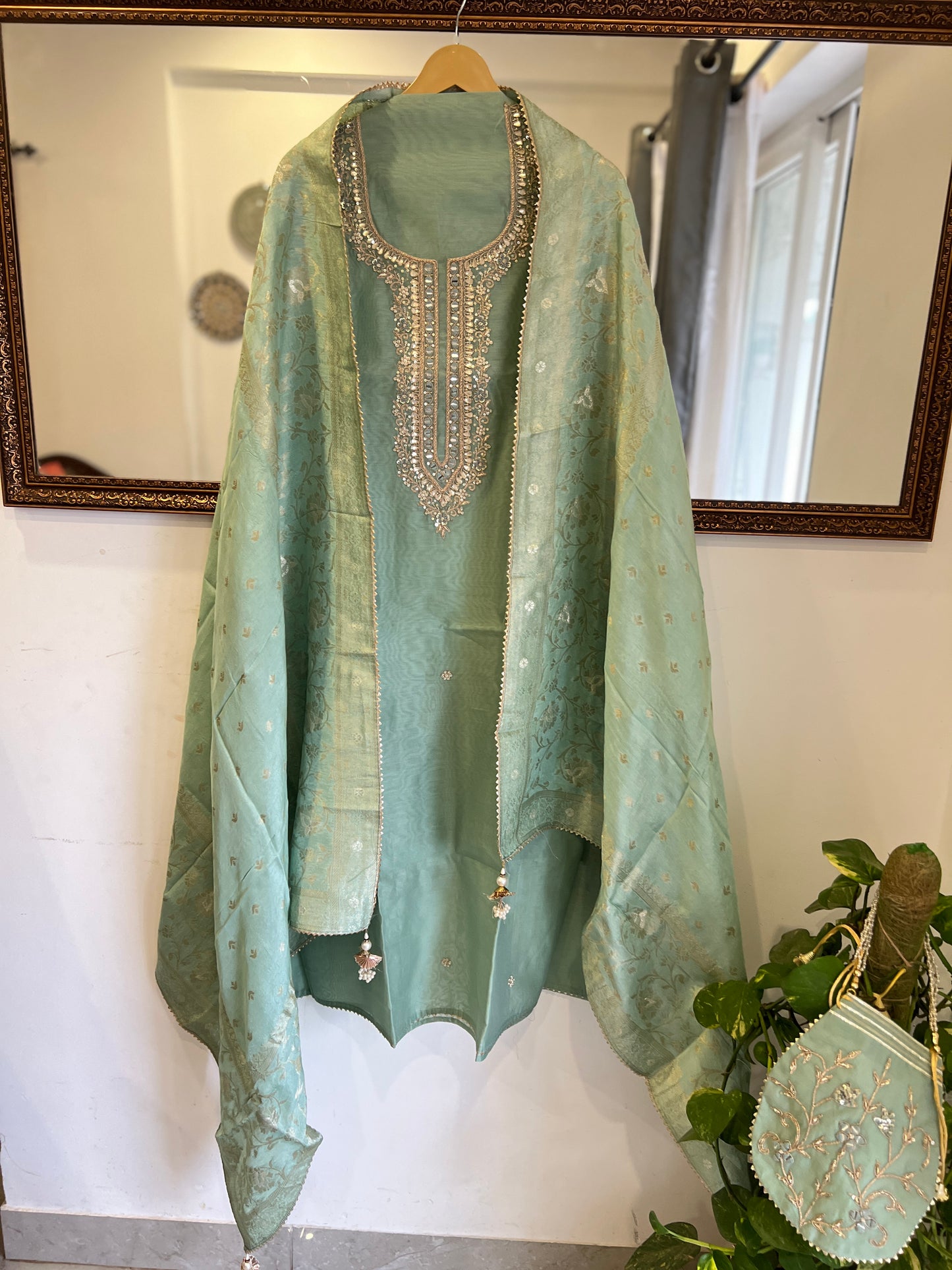 Sage Green Chanderi Suit Set Potli Edition