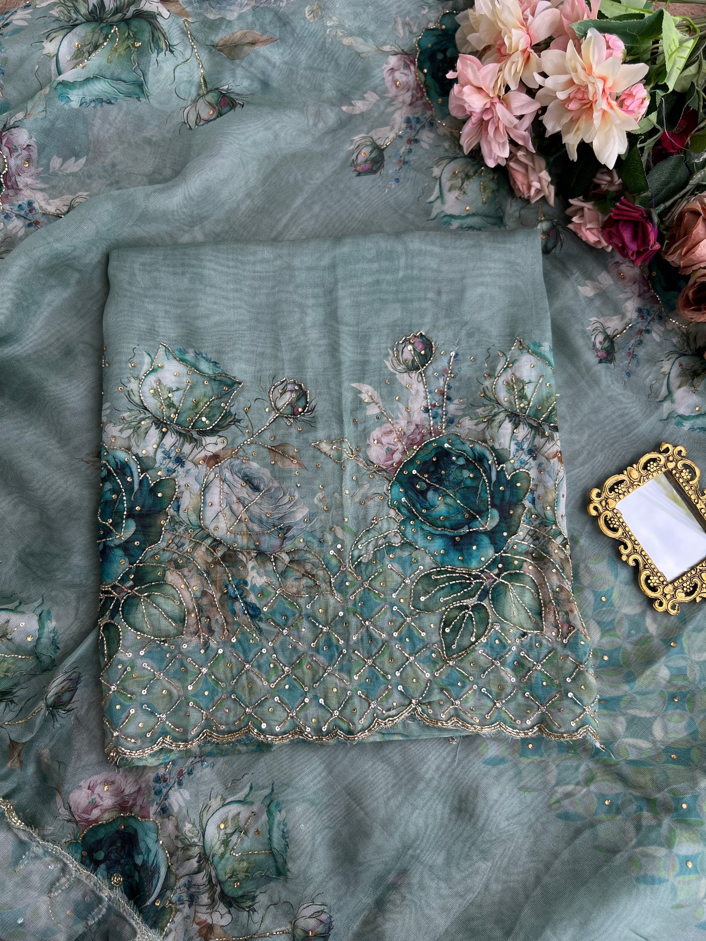 Artistic Glacé Organza Suit with Beaded Embroidery & Cutwork Border