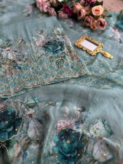 Artistic Glacé Organza Suit with Beaded Embroidery & Cutwork Border