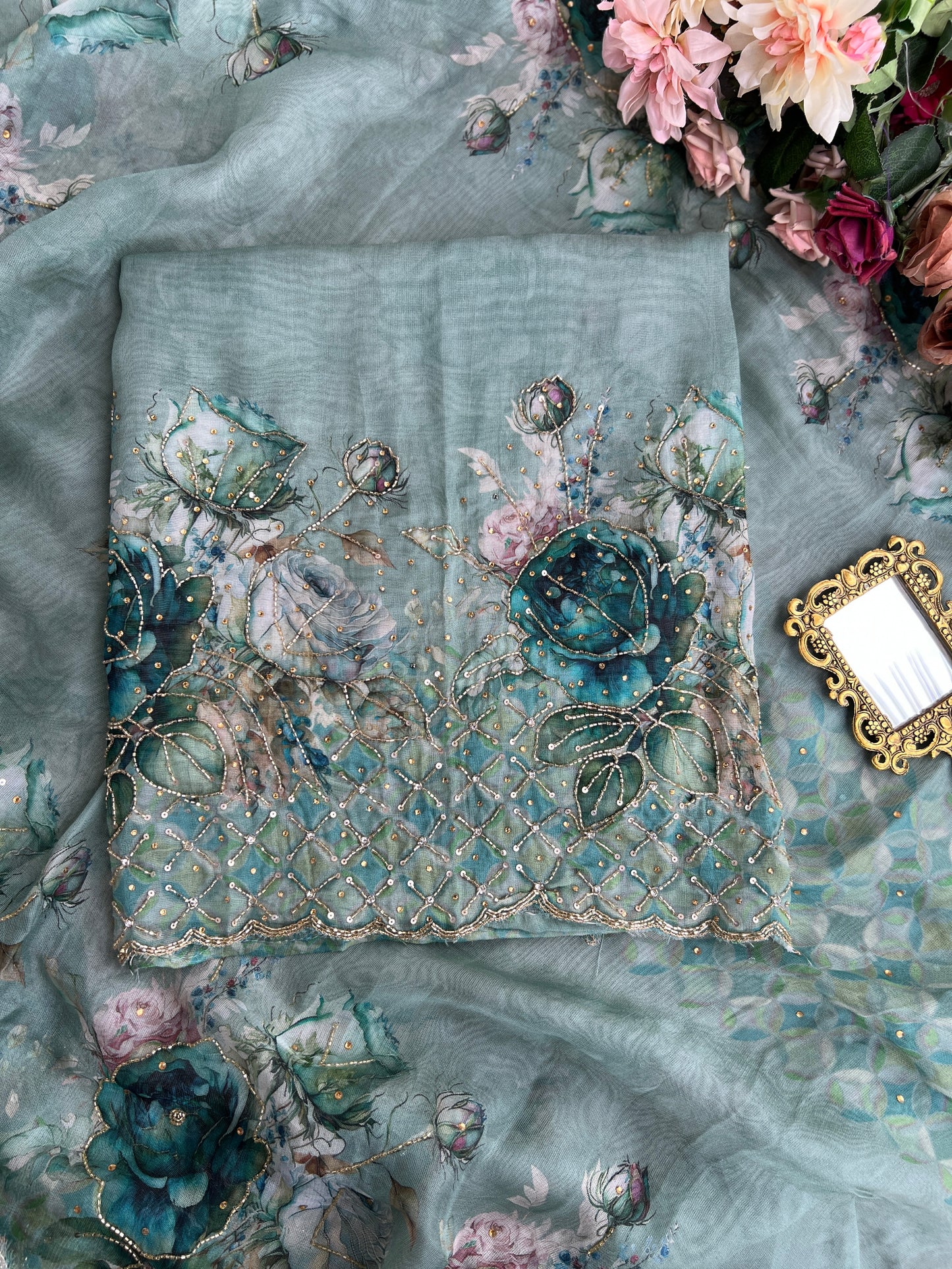 Artistic Glacé Organza Suit with Beaded Embroidery & Cutwork Border