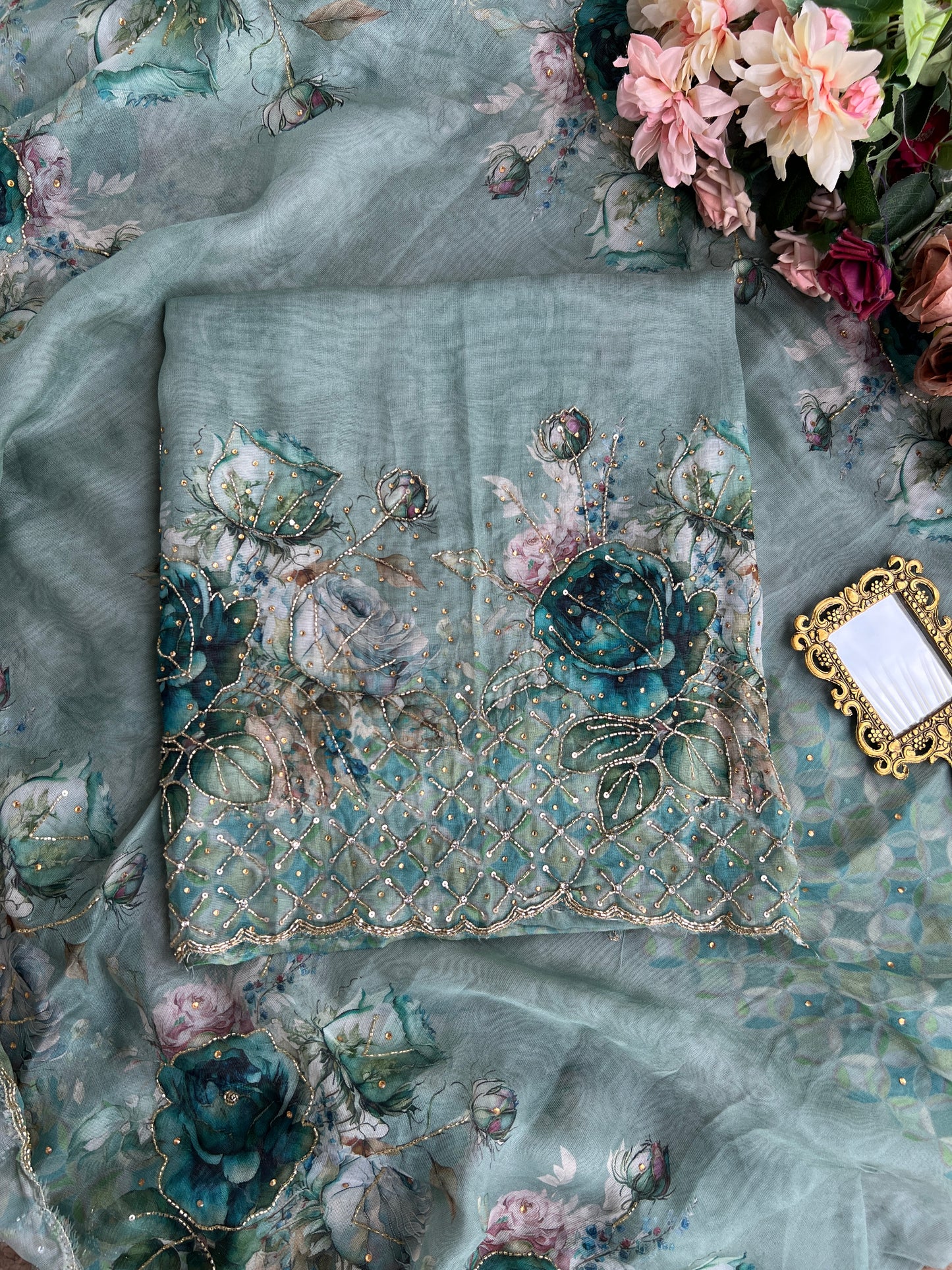 Artistic Glacé Organza Suit with Beaded Embroidery & Cutwork Border