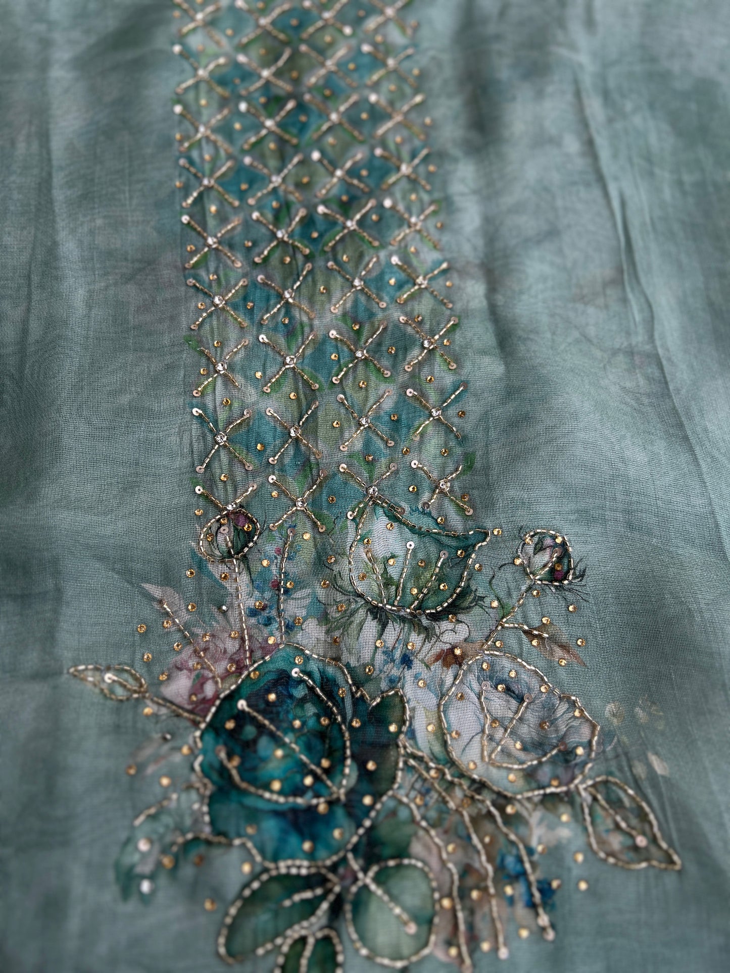 Artistic Glacé Organza Suit with Beaded Embroidery & Cutwork Border