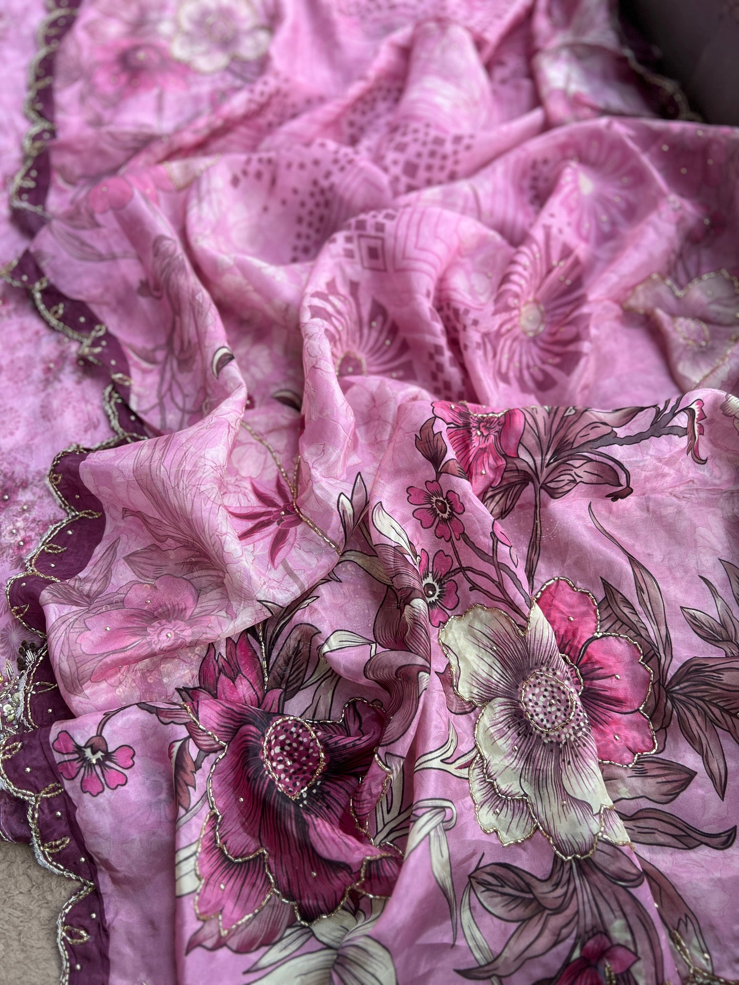 Designer Glacé Organza Cut-Work Suit with Handcrafted Dupatta