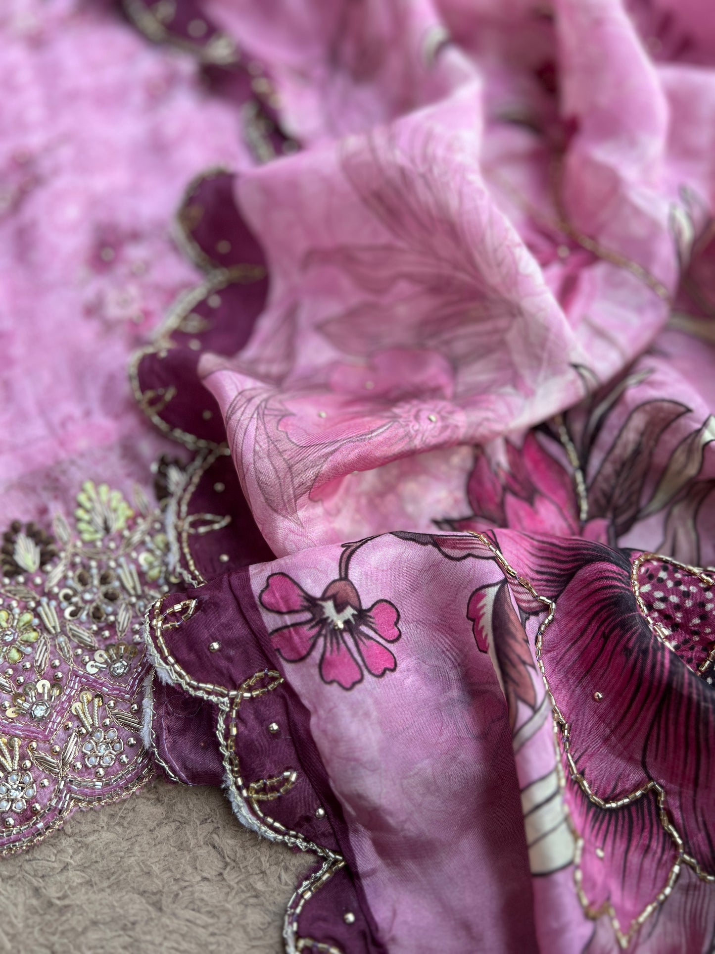 Designer Glacé Organza Cut-Work Suit with Handcrafted Dupatta