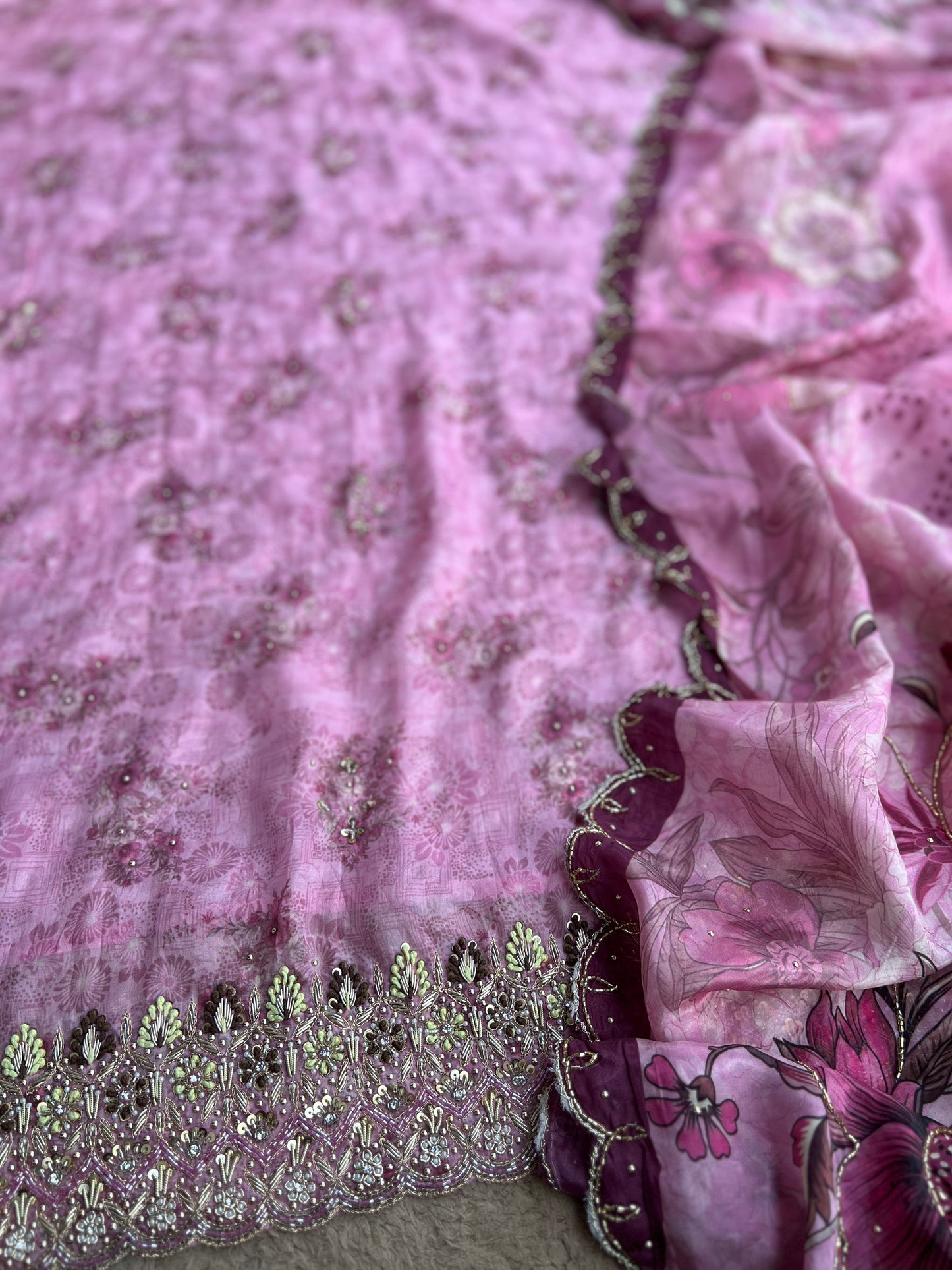 Designer Glacé Organza Cut-Work Suit with Handcrafted Dupatta