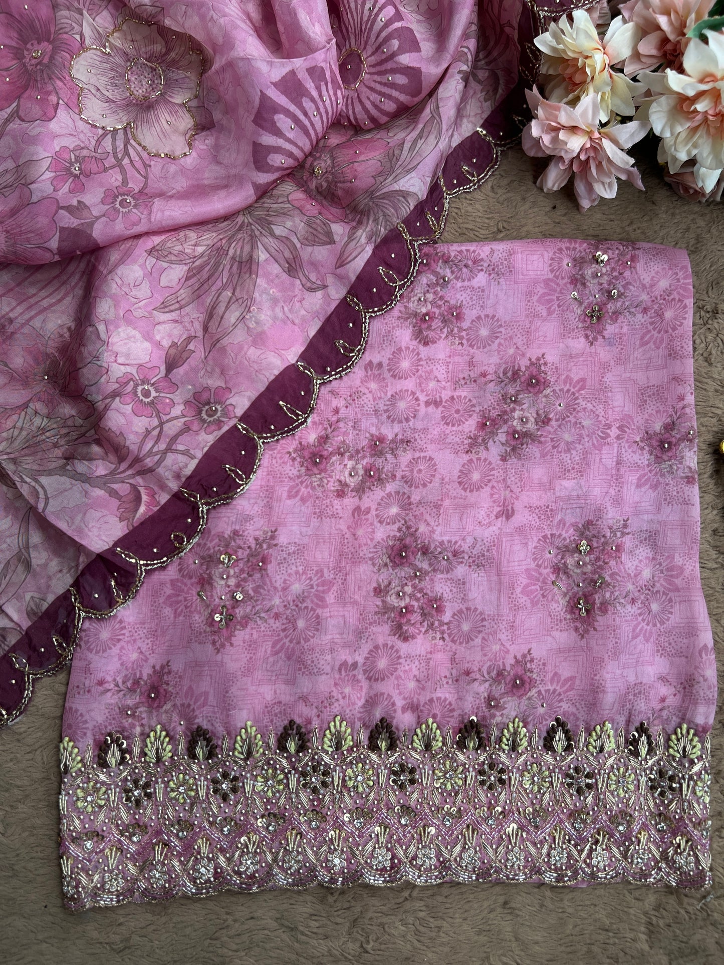 Designer Glacé Organza Cut-Work Suit with Handcrafted Dupatta