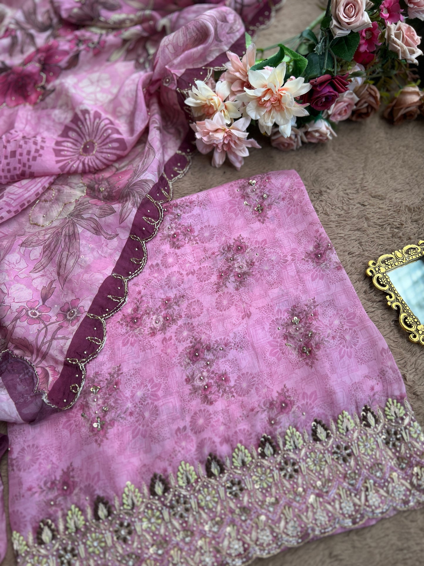 Designer Glacé Organza Cut-Work Suit with Handcrafted Dupatta