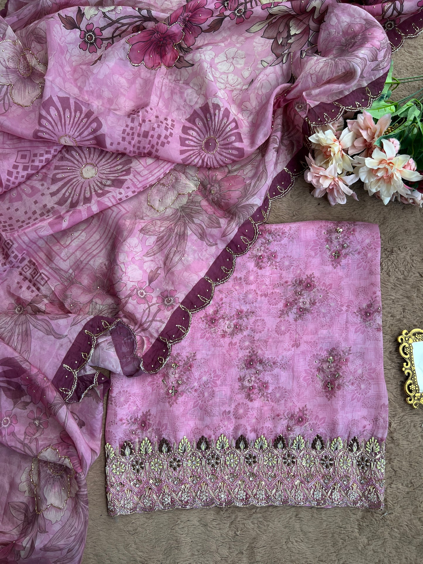 Designer Glacé Organza Cut-Work Suit with Handcrafted Dupatta