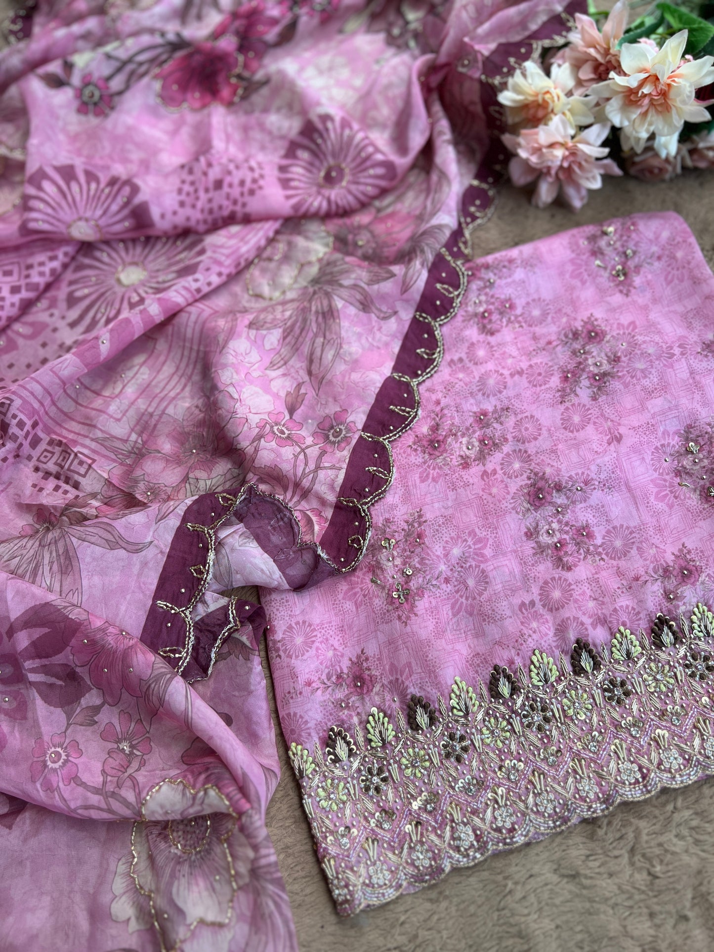 Designer Glacé Organza Cut-Work Suit with Handcrafted Dupatta