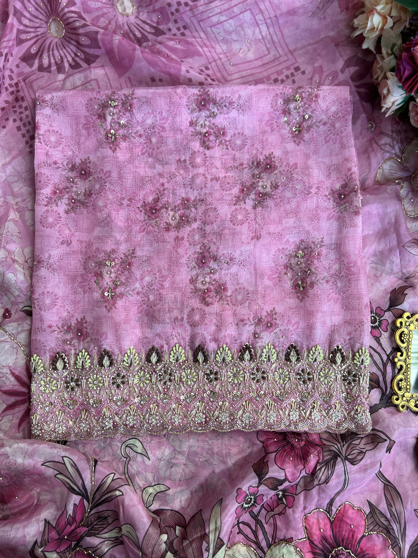 Designer Glacé Organza Cut-Work Suit with Handcrafted Dupatta