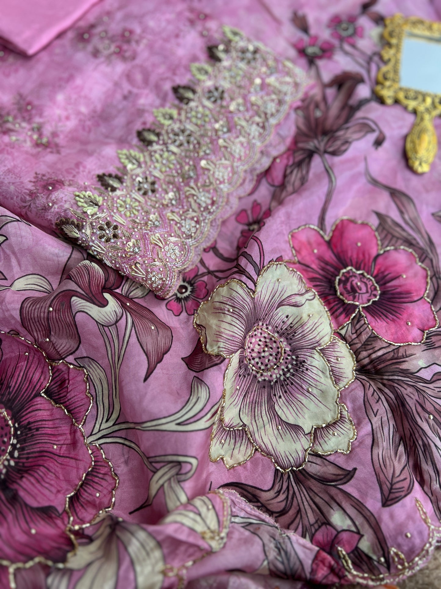 Designer Glacé Organza Cut-Work Suit with Handcrafted Dupatta