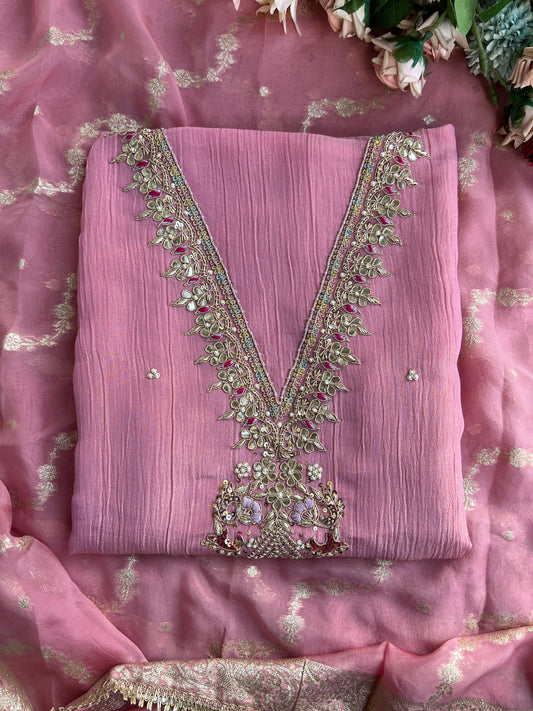 Elegant Pink Crushed Tissue Suit with Tissue Banarasi Dupatta