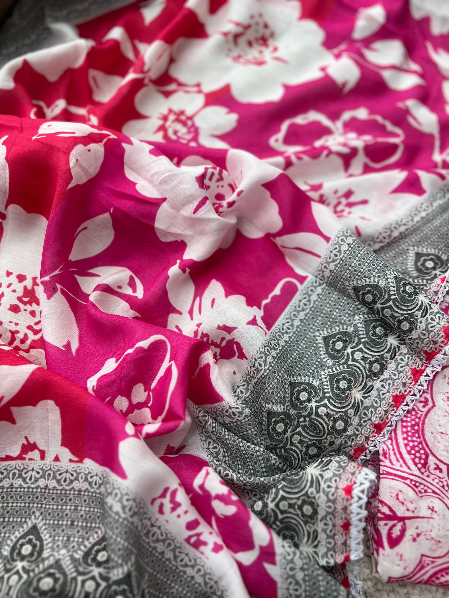 Fuchsia Pink & White Floral Print Mal Maslin Suit with Contrasting Grey Dupatta