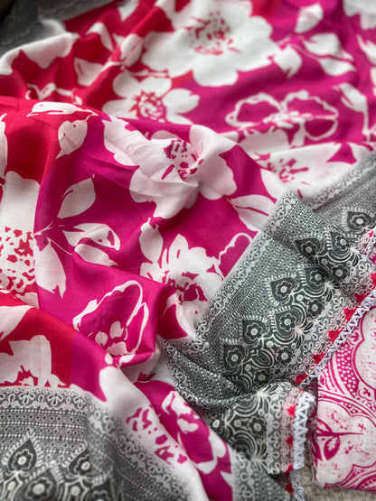 Fuchsia Pink & White Floral Print Mal Maslin Suit with Contrasting Grey Dupatta