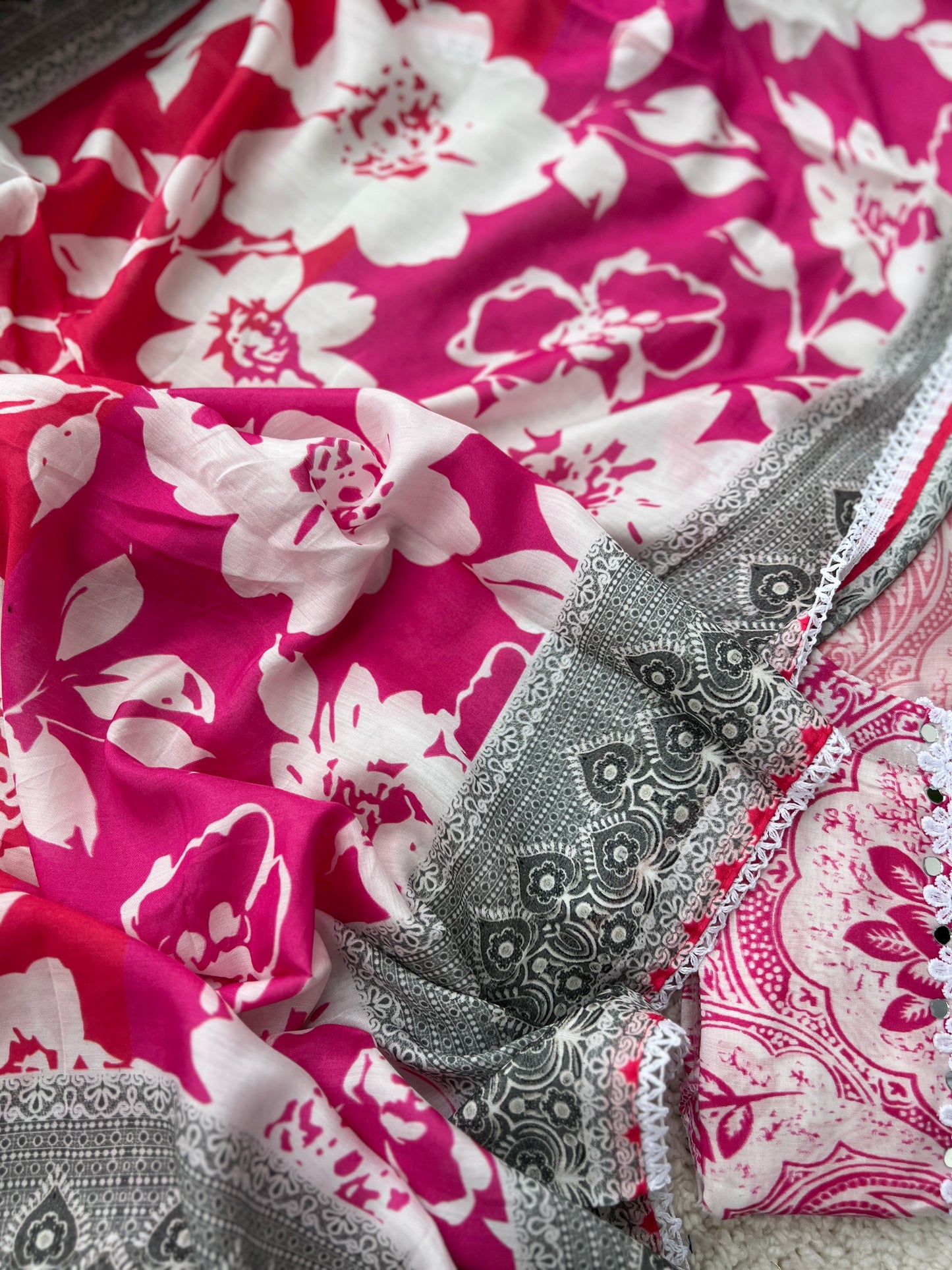 Fuchsia Pink & White Floral Print Mal Maslin Suit with Contrasting Grey Dupatta