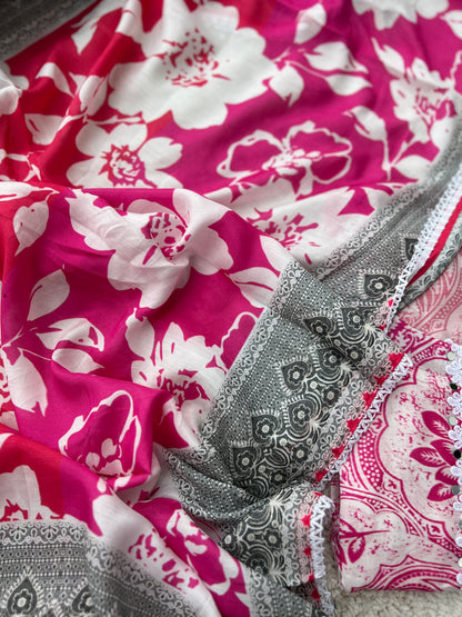 Fuchsia Pink & White Floral Print Mal Maslin Suit with Contrasting Grey Dupatta