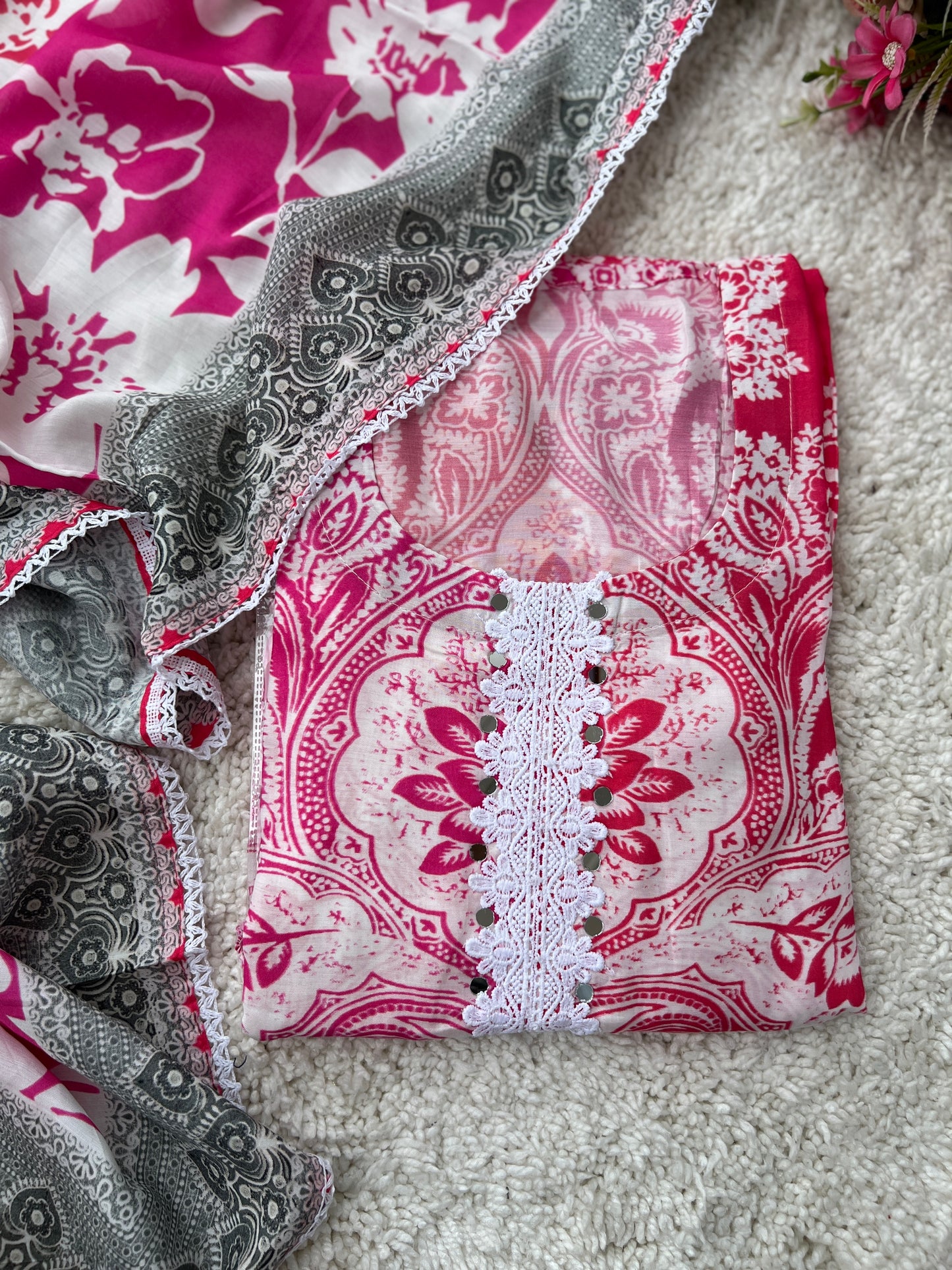 Fuchsia Pink & White Floral Print Mal Maslin Suit with Contrasting Grey Dupatta