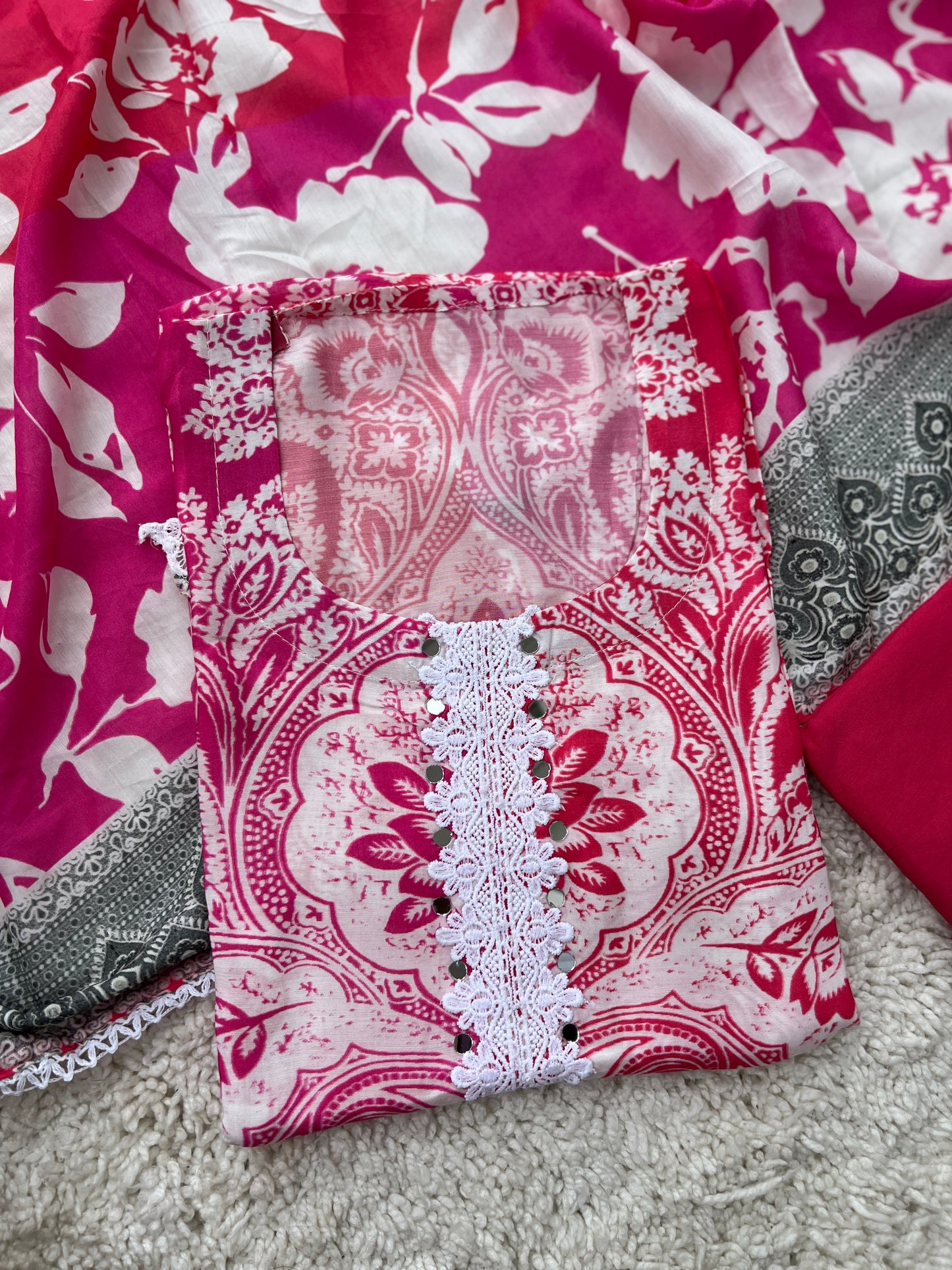 Fuchsia Pink & White Floral Print Mal Maslin Suit with Contrasting Grey Dupatta