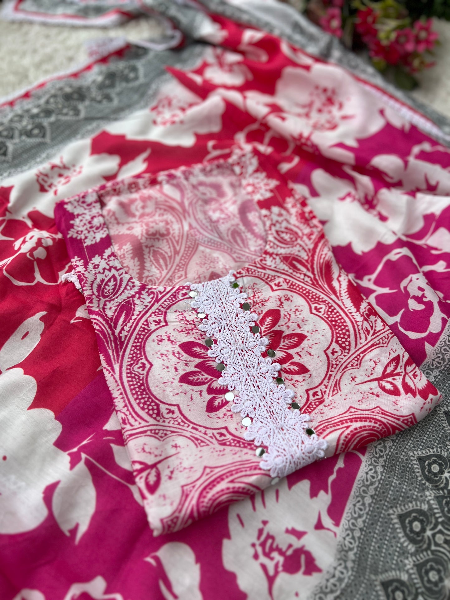 Fuchsia Pink & White Floral Print Mal Maslin Suit with Contrasting Grey Dupatta