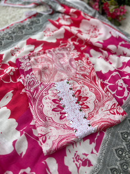 Fuchsia Pink & White Floral Print Mal Maslin Suit with Contrasting Grey Dupatta