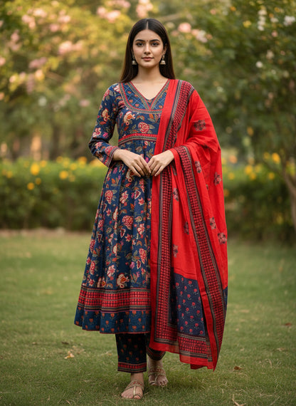 Navy Blue Floral Handblock Cotton Ready to wear Set with Embroidered Neckline