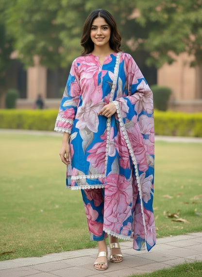 Karachi Style Three-Piece Co-ord Set in Floral Slub Cotton with Lace Detailing