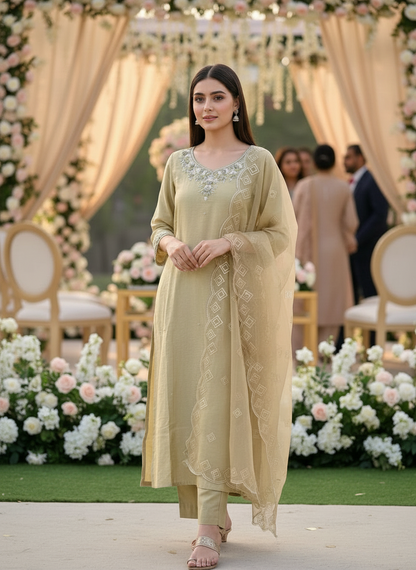 Olive Elegance – Handwork Ready-to-Wear Dola Silk Suit