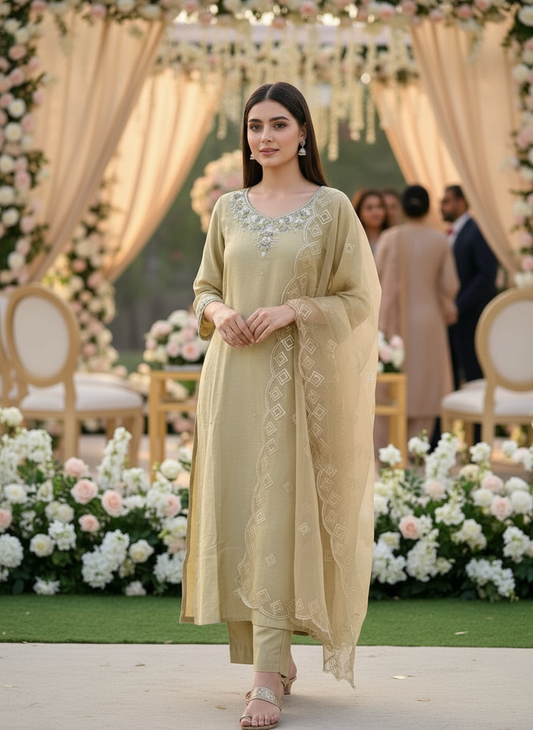 Olive Elegance – Handwork Ready-to-Wear Dola Silk Suit