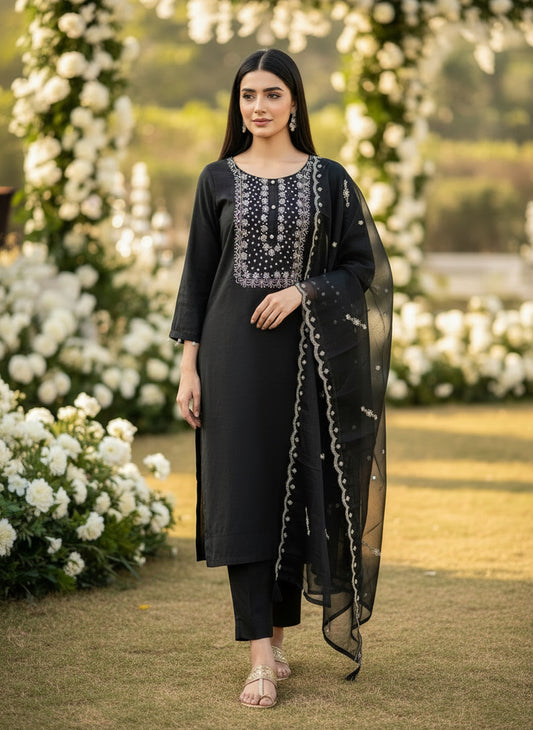 Black Modal Maslin Suit with Cut Dana Neck Work & Embroidered Organza Dupatta