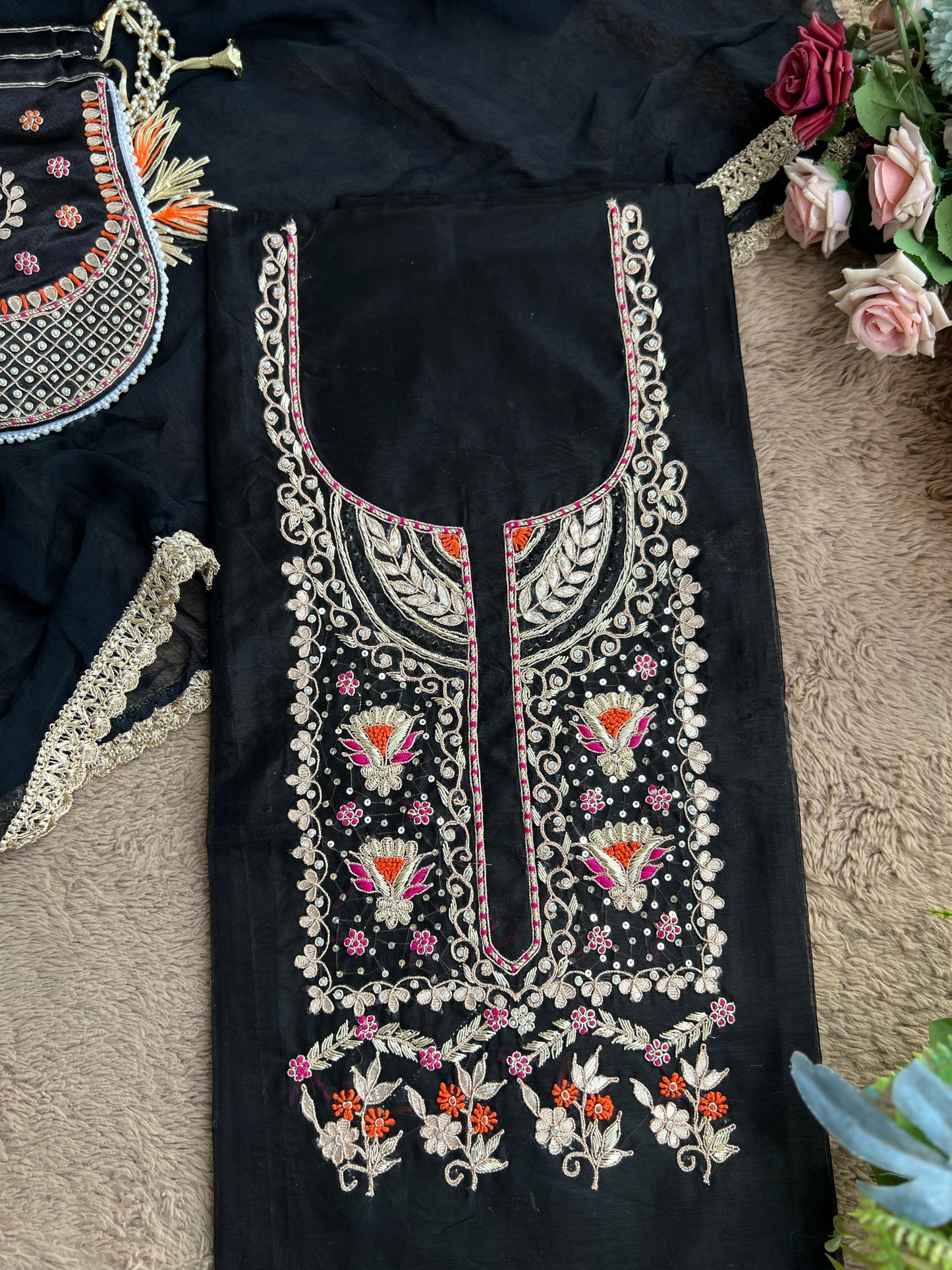 Black Chanderi Silk Suit with Hand Embroidery & Gotaphool Dupatta