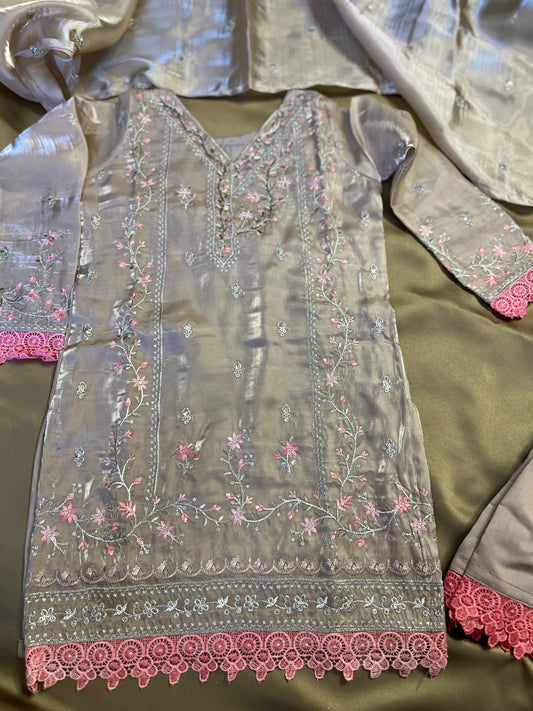 Soft Chiku Shimmer Silk Set with Pink Embroidered Charm | Festive-Ready Sharara Style