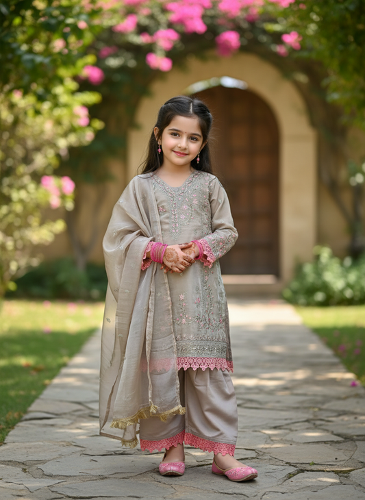 Soft Chiku Shimmer Silk Set with Pink Embroidered Charm | Festive-Ready Sharara Style