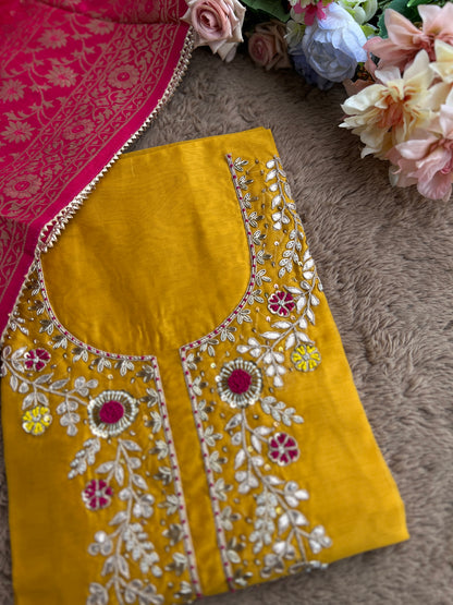 Royal Yellow–Rani Silk Suit with Exquisite Hand Embroidery & Banarasi Char